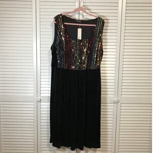 NWT Bloom Chic Black Sequin Square Neck Sleeveless A-line Dress 22-24